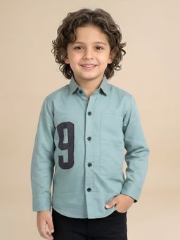 Polka Tots - Green Cotton Full Sleeve Number Patch Shirt