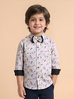 Polka Tots - Light Pink Cotton Full Sleeve Printed Shirt With Bow Tie