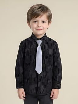 Polka Tots - Black cotton Full Sleeve Textured Print Shirt With Tie