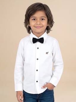 Polka Tots - White Cotton Full Sleeve Solid Shirt With Bow Tie
