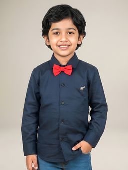Polka Tots - Navy Blue Cotton Full Sleeve Solid Shirt With Bow Tie