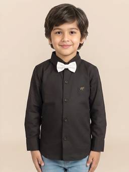 Polka Tots - Black Cotton Full Sleeve Solid Shirt With Bow Tie