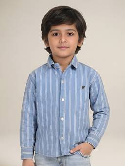 Polka Tots - Blue Cotton Full Sleeve Stripes Print Shirt