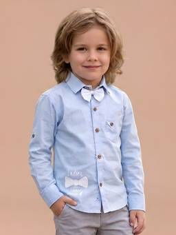 Polka Tots - Blue Cotton Full Sleeve Bow Tie Patch Shirt With Bow Tie