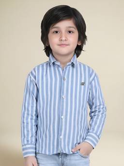 Polka Tots - Blue Cotton Full Sleeve Stripes Print Shirt