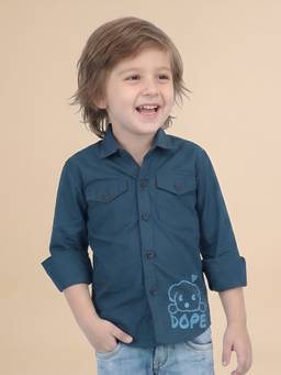 Polka Tots - Blue Cotton Full Sleeve Dope Patch Dual Pocket Shirt
