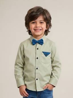 Polka Tots - Green Cotton Full Sleeve Solid Shirt With Bow Tie