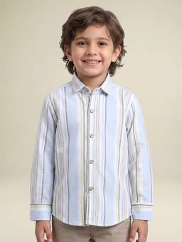 Polka Tots - Blue Cotton Full Sleeve Stripes Print Shirt