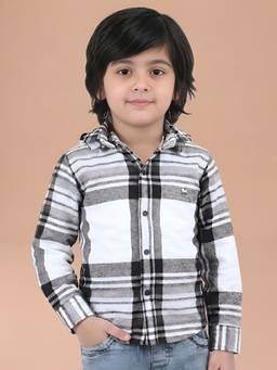 Polka Tots - White Cotton Full Sleeve Checks Print Hooded Shirt