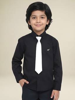 Polka Tots - Black Cotton Full Sleeve Solid Shirt With Tie