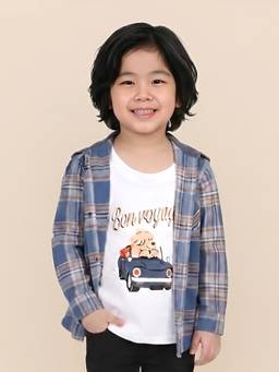 Polka Tots - Blue Cotton Full Sleeve Car And Voyage Print T-Shirt Attached Shirt