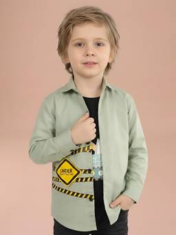 Polka Tots - Green Cotton Full Sleeve Construction Print T-Shirt Attached Shirt