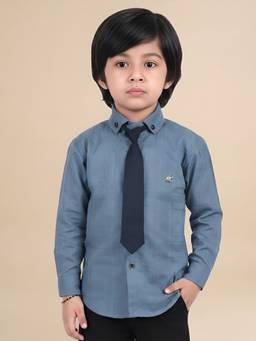 Polka Tots - Blue Cotton Full Sleeve Checks Shirt With Tie