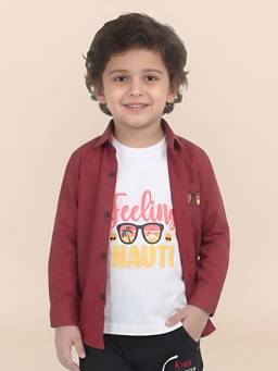 Polka Tots - Red Cotton Full Sleeve Sunset Print T-Shirt Attached Shirt