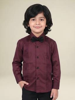 Polka Tots - Maroon Cotton Full Sleeve Solid Shirt With Bow Tie