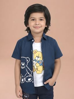 Polka Tots - Navy Blue Cotton Half Sleeve Teddy Print T-Shirt Attached Shirt