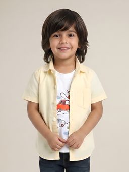 Polka Tots - Yellow Cotton Half Sleeve Travel Print T-Shirt Attached Shirt
