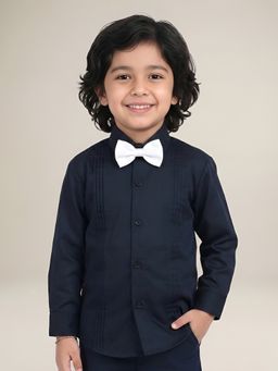 Polka Tots - Navy Blue Cotton Full Sleeve Solid Shirt With Bow Tie