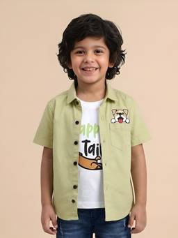 Polka Tots - Mint Green Cotton Half Sleeve Dog Print T-Shirt Attached Shirt