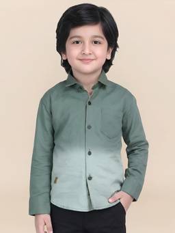 Polka Tots - Green Cotton Full Sleeve Dual Color Ombre Shirt