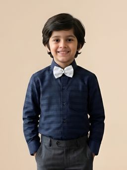 Polka Tots - Navy Blue Cotton Full Sleeve Stripe Shirt With Bow Tie