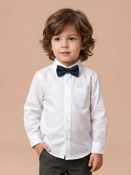 Polka Tots - White Cotton Full Sleeve Solid Shirt With Bow Tie