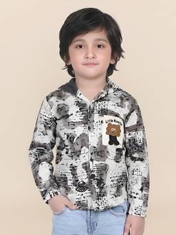 Polka Tots - Grey Cotton Full Sleeve Abstract Print Hooded Shirt