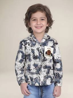 Polka Tots - Blue Cotton Full Sleeve Abstract Print Hooded Shirt