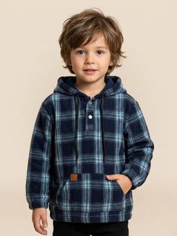Polka Tots - Navy Blue Cotton Full Sleeve Checks Print Hoodie