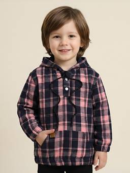 Polka Tots - Peach Cotton Full Sleeve Checks Print Hoodie
