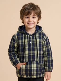 Polka Tots - Yellow Cotton Full Sleeve Checks Print Hoodie