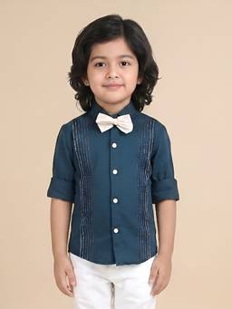 Polka Tots - Teal Cotton Full Sleeve Lining Shirt With Bow Tie
