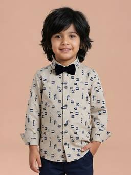Polka Tots - Beige Cotton Full Sleeve Alphabet Print Shirt With Bow Tie