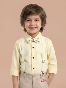 Polka Tots - Yellow Cotton Full Sleeve Solid Shirt With Bow Tie And Suspender