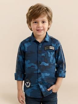 Polka Tots - Indigo Cotton Full Sleeve Camouflage Print Shirt