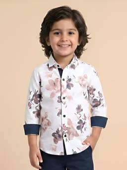 Polka Tots - White Cotton Full Sleeve Peach Flower Print Shirt