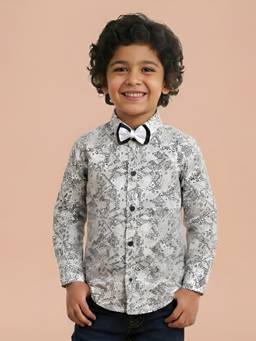 Polka Tots - Grey Cotton Full Sleeve Zig Zag Print Shirt With Bow Tie