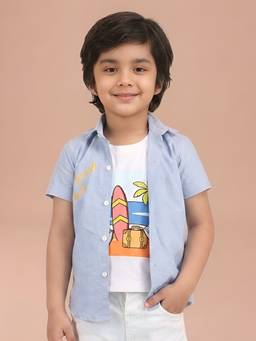 Polka Tots - Blue Cotton Half Sleeve Beach Print T-Shirt Attached Shirt