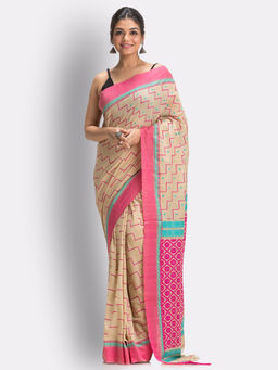 Angoshobha - Deep Cream Handloom Cotton Saree with Unstitched Blouse