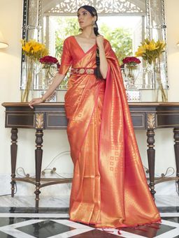 Akhilam - Women Silk Blend Peach Woven Design Handloom Saree with Blouse Piece