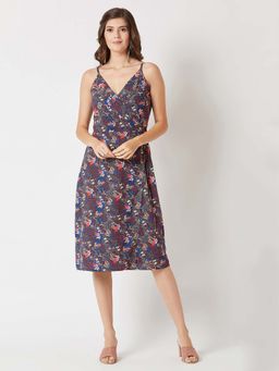 Miss Chase - Women's Navy Blue V-Neck Sleeveless Floral Relaxed Fit Wrap Knee-Long Dress