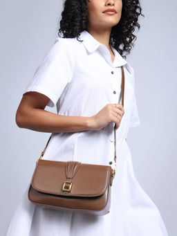 Twenty Dresses by Nykaa Fashion - Women Brown Rectangular Boxy Sling Bag With Webbing Strap