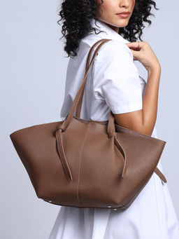 Twenty Dresses by Nykaa Fashion - Brown Oversized Knotted Handle Tote Bag With Pouch