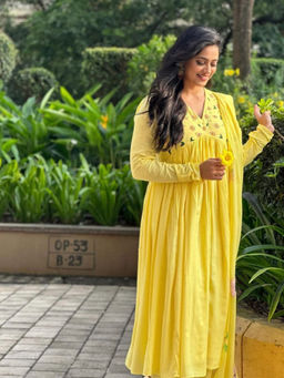 Ahi Clothing - Yellow Anarkali Suit with Hand Painted Dupatta (Set of 3)