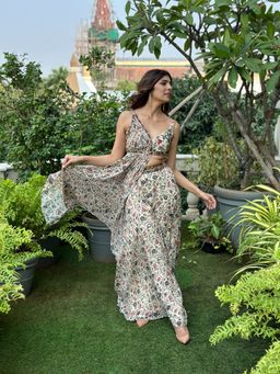 Ahi Clothing - Cream Floral Handkerchief Drape Palazzo with Top (Set of 2)