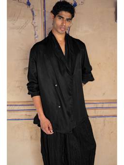dash and dot - Black Draped Collar Overlap Shirt