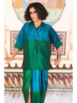 dash and dot - Teal Colour Blocking Benares Tissue Shirt