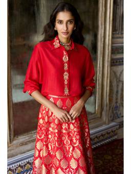 dash and dot - Red Embroidered Motif Textured Shirt