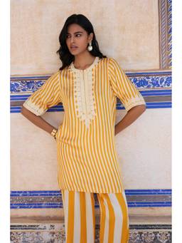 dash and dot - Mustard Embroidered Striped Longline Tunic
