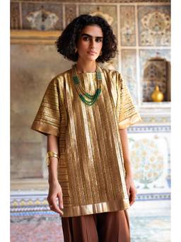 dash and dot - Gold Striped Gota Embroidered Boxy Top